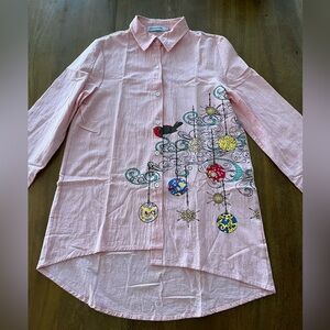 Misslook Long Sleeve Shirt Cotton Blend High-low Fun Bird Print - Small